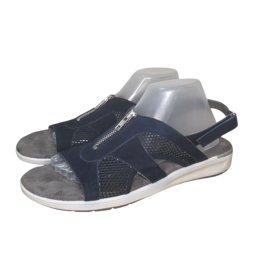 Walking Cradles Navy Slingback Sandals Womens 11 Narrow Comfort Low Wedge Zip